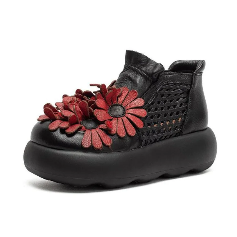 

Летние новые повседневные сандалии с цветочным принтом и открытым носком, из натуральной кожи, в этническом стиле, легкие, сетчатые, женские ботильоны.