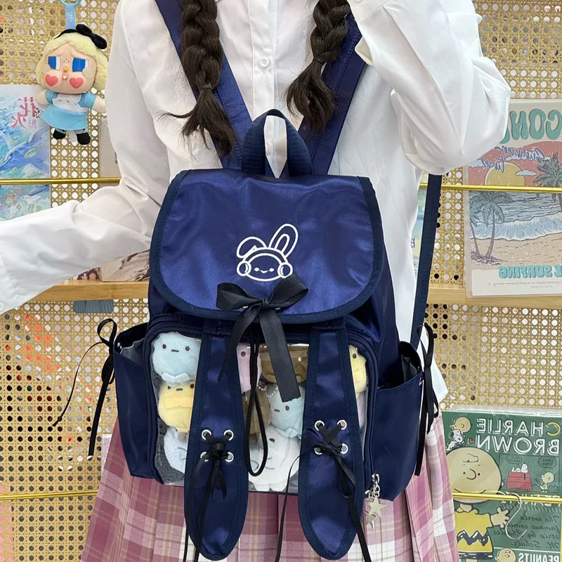 Ita Bag for Women Cartoon Rabbit Print Large Capacity Backpack Transparent Pocket PU Leather Pink/Blue/Silver School Daily Casua