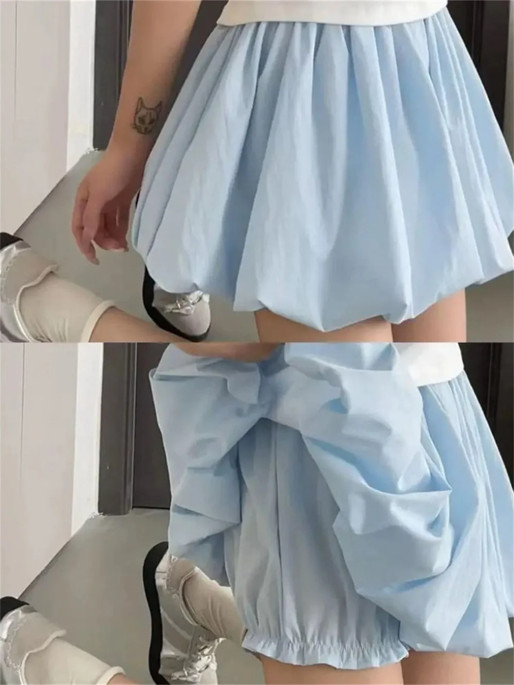 Mini Skirt High Waist A-Line Slimming Summer Skirt With Built-In Shorts For Petite, Pleated Puff Hem Pin Women'S