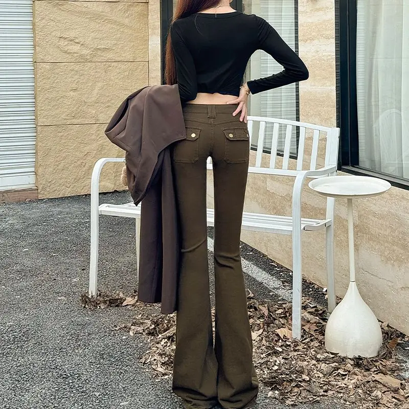  بنطلون جينز نسائي منخفض الارتفاع موديل 2025 شتوي بني قابل للتمدد بقصة ضيقة مبطن بالصوف الحراري #5