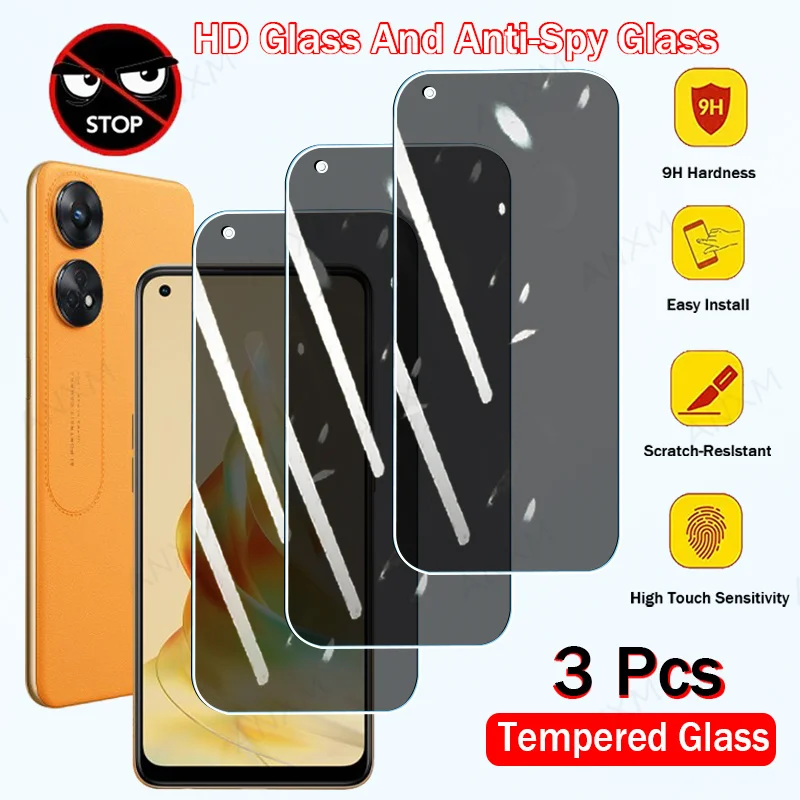 3Pcs Privacy Tempered Glass For OPPO Reno 8 7 6 5 4 Lite SE 8T 4G Z A Anti-spy Screen Protector Reno 7 8 Pro Plus Cover Glass