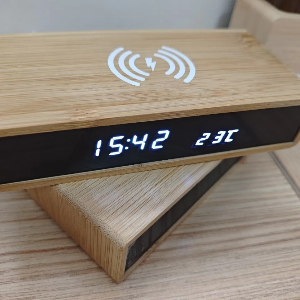 Multifunctional Bamboo Digital Clock Wireless Charger LED Mirror Surface Bedside Alarm Clock Home Office Supply
