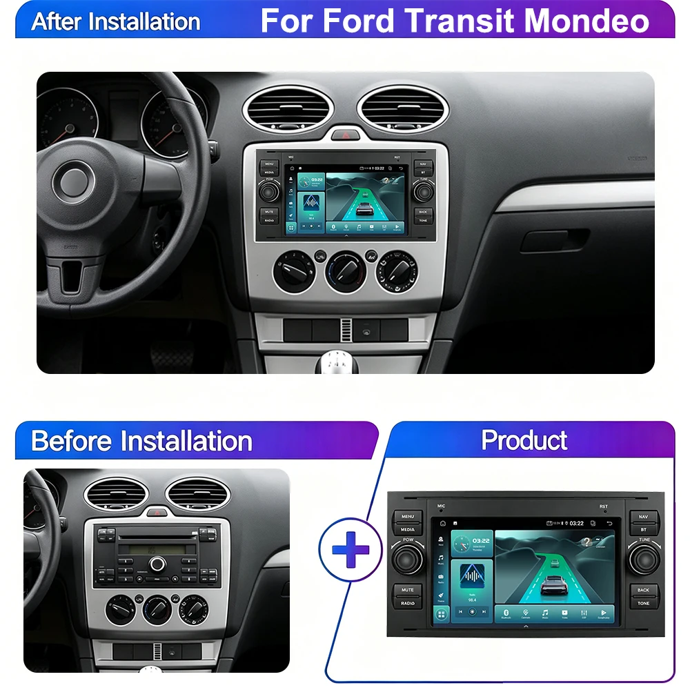 2 Din Autoradio For Ford Mondeo S-max Focus C-MAX Galaxy Fiesta Transit Fusion Connect Kuga Multimedia GPS Carplay BT Stereo