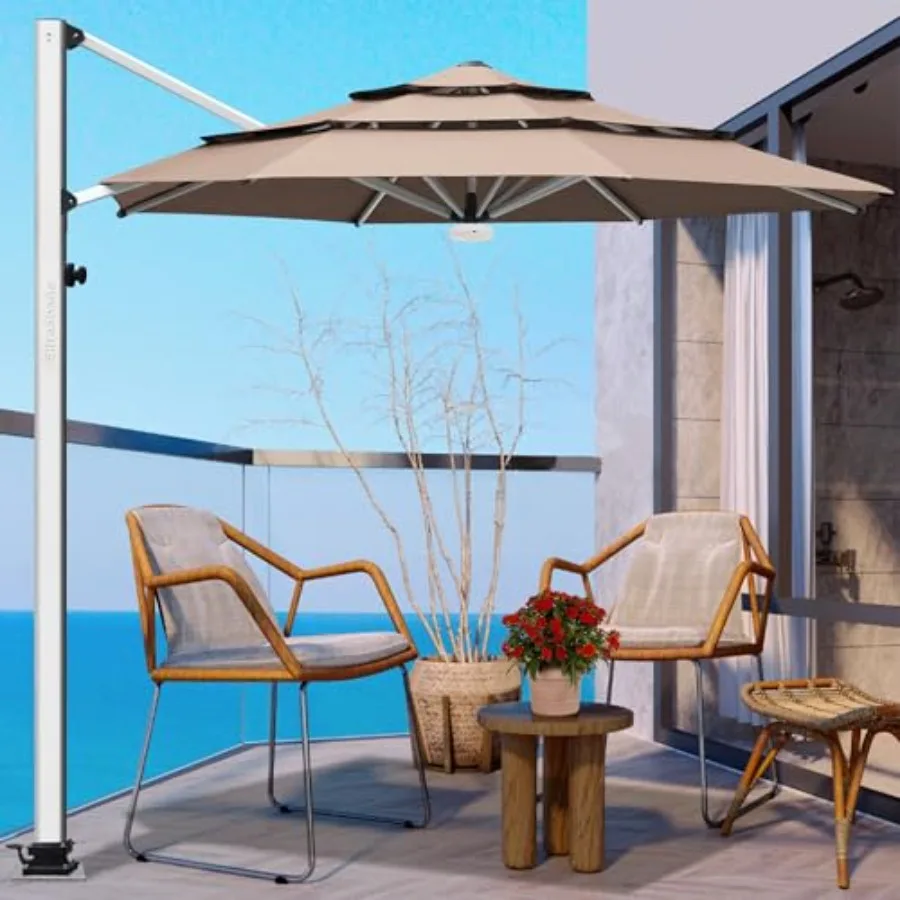 

Outdoor restaurant garden courtyard deck pool and marketing use: full aluminum cantilever patio umbrella, 11 feet, 3-tier, silv
