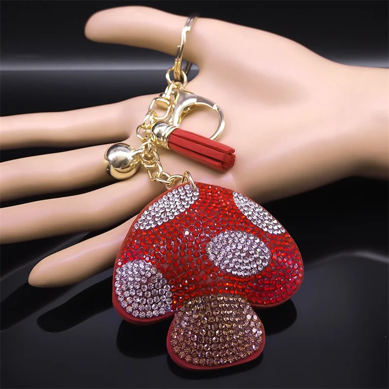 Cute Mushroom Keychain for Women/Men Red Tassel Crystal Gold Color Keyring Bag Car Accessories Jewelry porte clef K4935S01