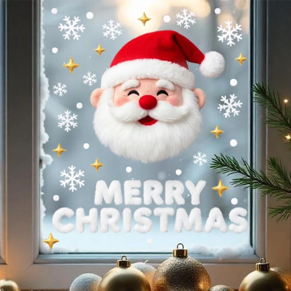 2D Flat Printed 3D Christmas Static Cling Decal Waterproof Removable Static Plush Weaving Style Glass Window Sticker