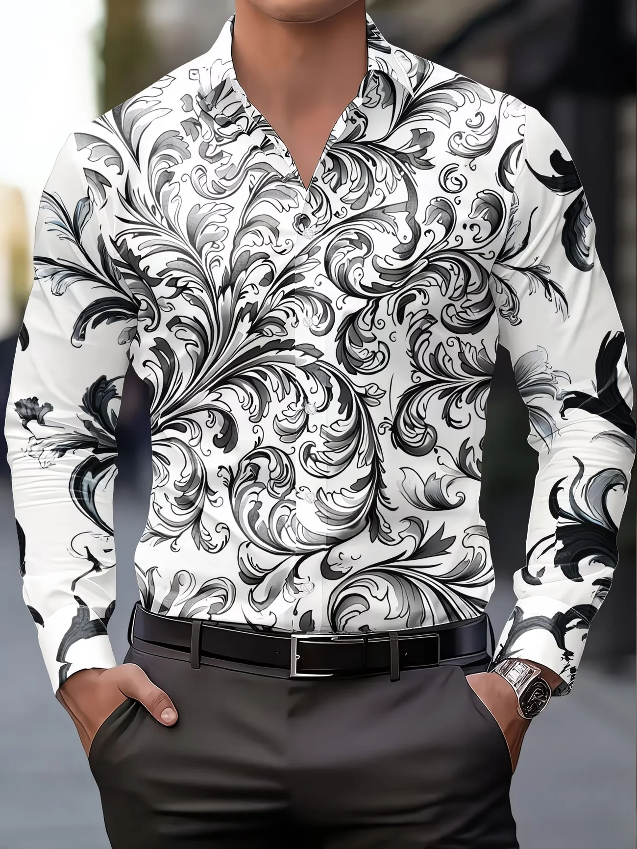 

New watercolor cat maple leaf 3D printed men's long sleeved shirt with collar and casual shirt clothing