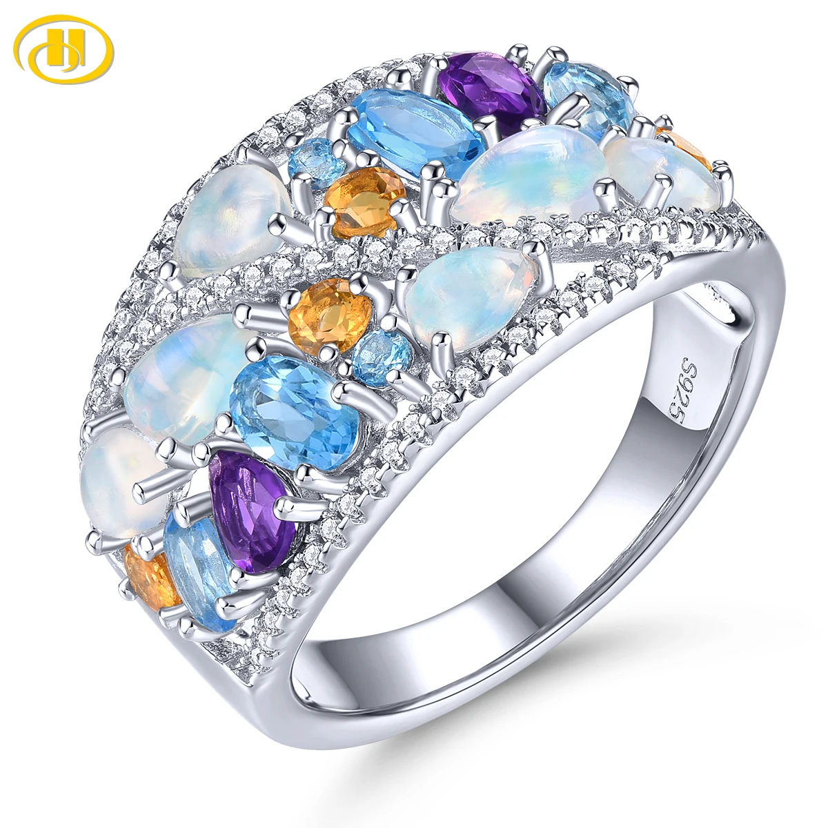 

Natural Genuine Opal Topaz Amethyst Sterling Silver Rings 2.2 Carats Multicolor Unique Design Women Anniversary Gift Top Quality