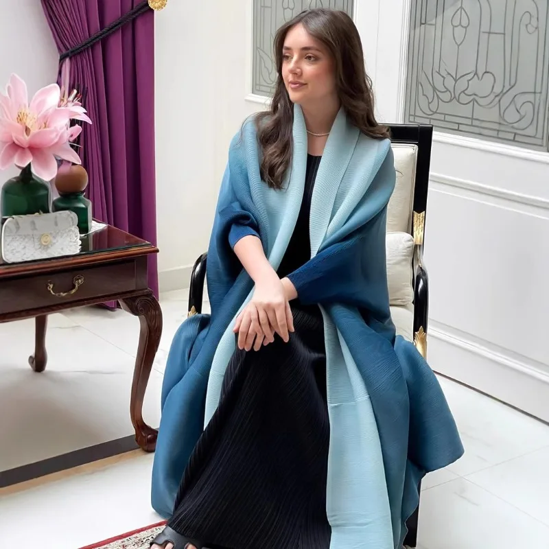 Miyake New 2025 Robe Women's Pleats Folds Gradual Change Color Long Trench Coat Pleated Bat Sleeve Clothing Jackets for Women