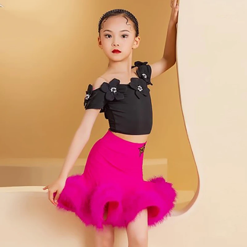 

Kids Girls Latin Dance Practice Dress Petal Backless Top and Elastic Ostrich Hair Skirts Performance Exam Dress Class Costume