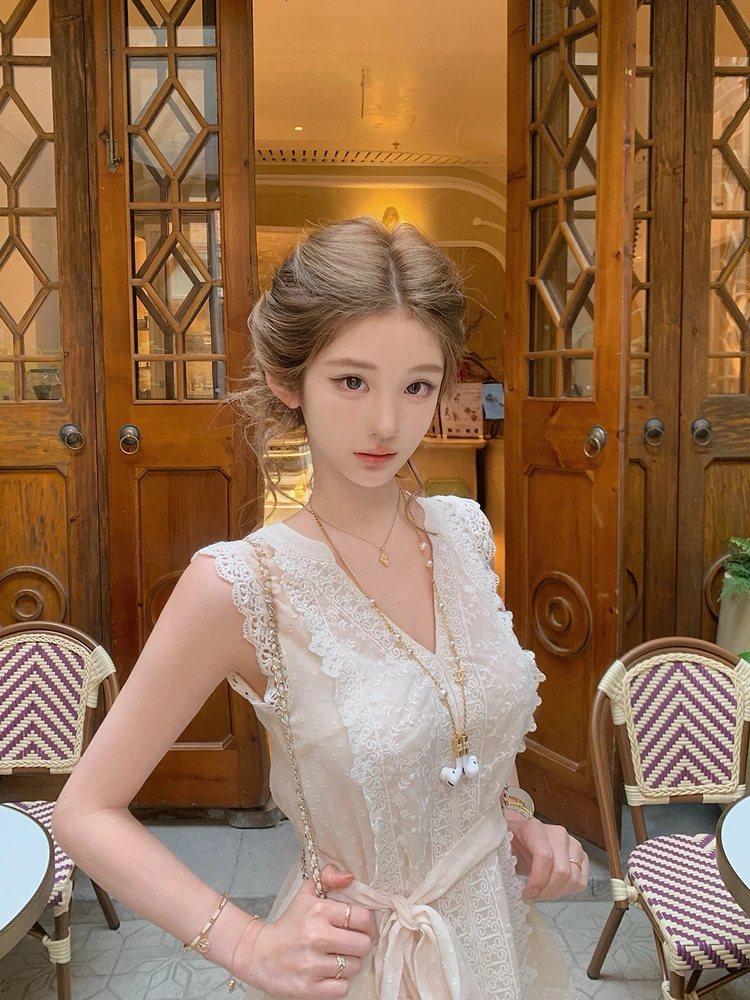 

Ele Lace Svel V-Ne Tank Top Women's Summer Faion Straight Cut Polyester Fiber Single Piece White Tea Dr