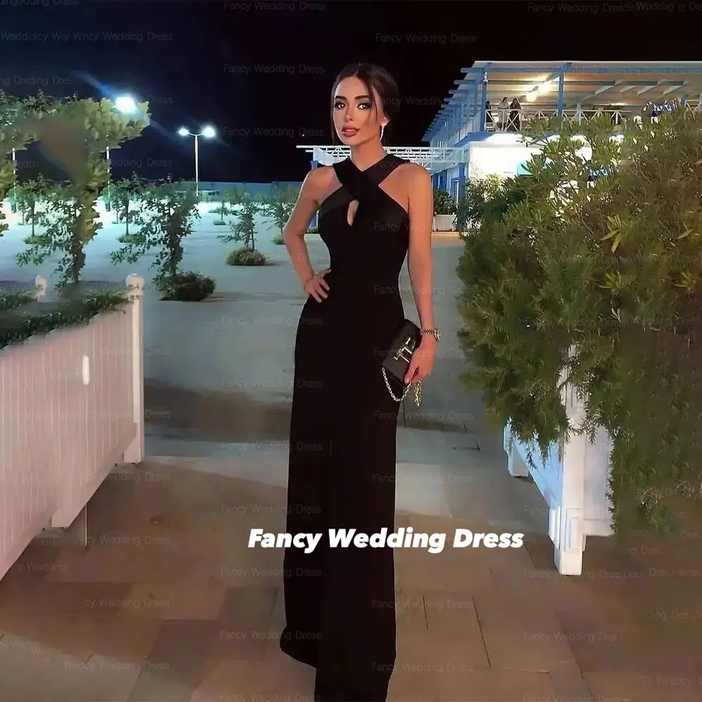 

Fancy Sexy Black Halter Evening Dress Saudi Arabia Mermaid Sleeveless Prom Gown Floor Length فساتين سهرة Customized