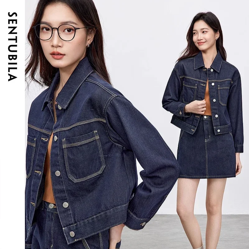 SENTUBILA Set Denim 2 Potong Pakaian Wanita Musim Gugur 2025 Jaket Denim Campuran Katun & Rok Mini A-Line Set Wanita untuk Kerja W51Z80135