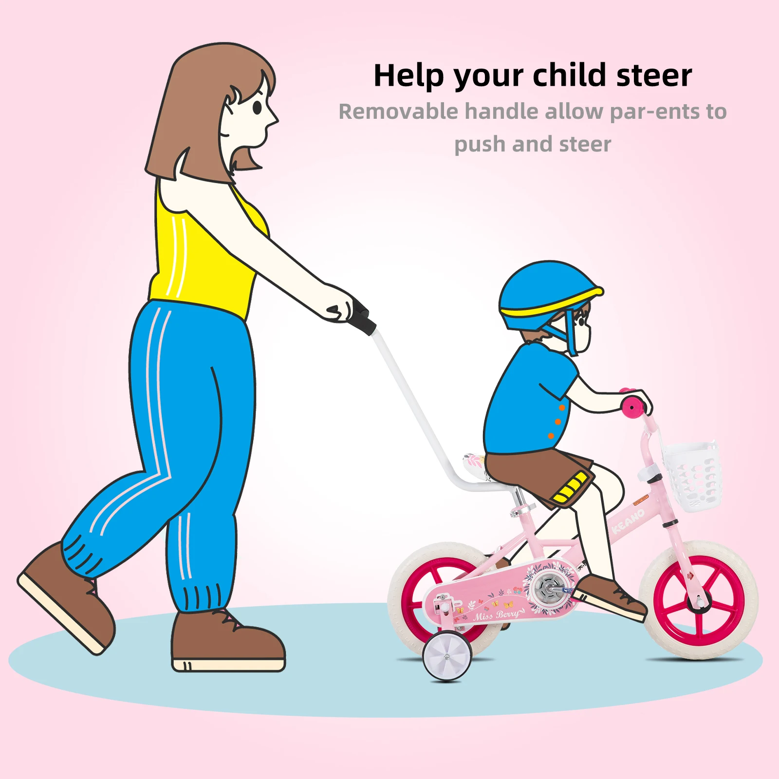 دراجة أطفال KEANO 10 مقاس 12 بوصة للأولاد والبنات من عمر 1 إلى 4 سنوات، دراجة للأطفال الصغار مع عجلات وسلة تدريب، مقبض دفع الوالدين