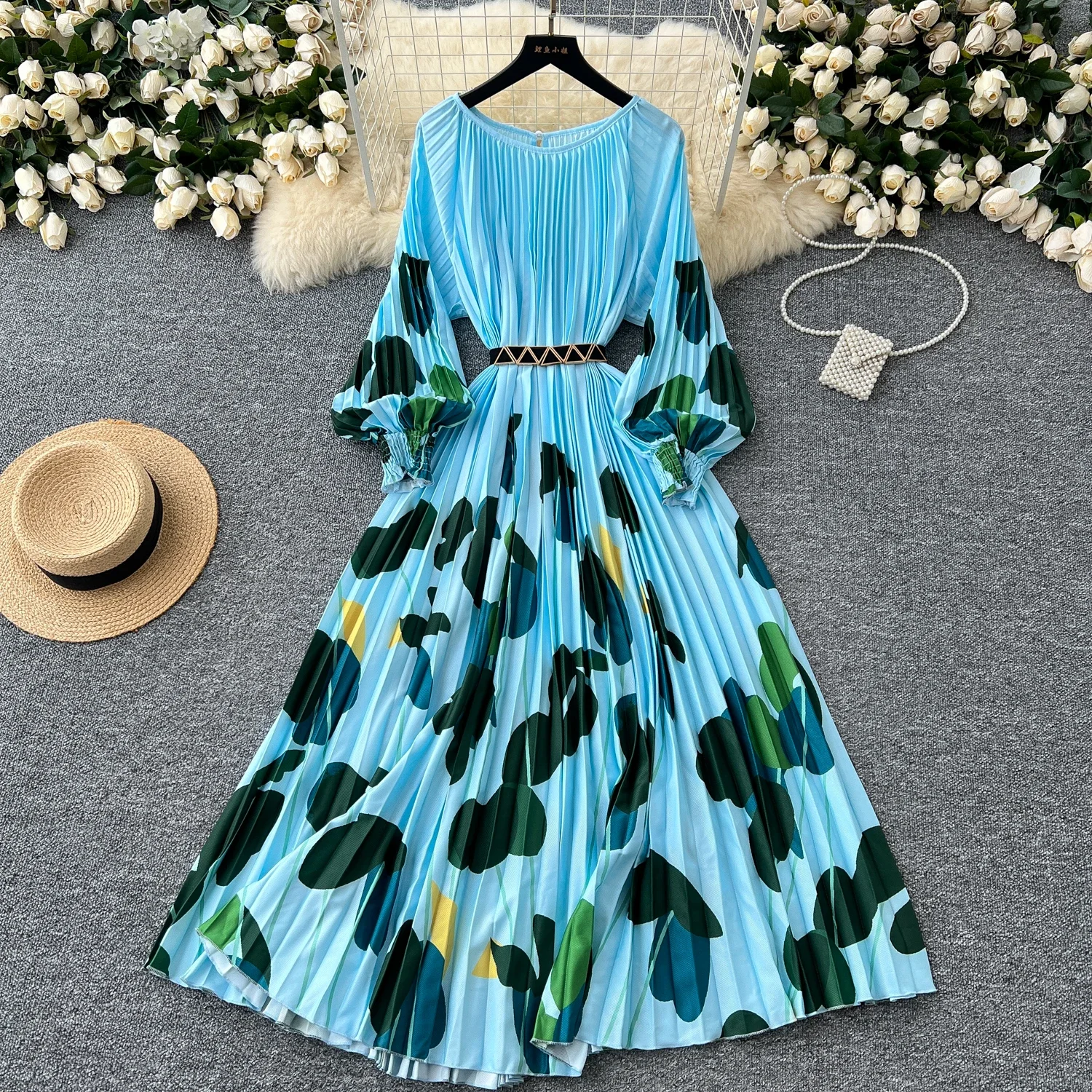 Vintage Elegant Pleated Print O Neck Lantern Sleeve Dress  A-line Fashion Chiffon Spring Autumn Vestidos Women Dresses