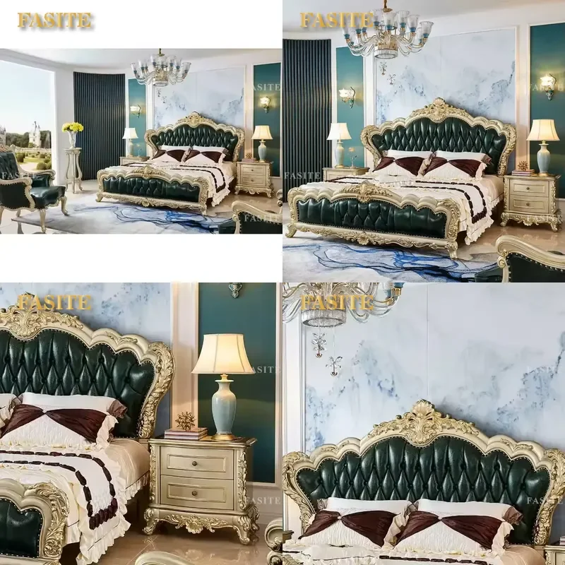 For European Style Bedroom Furniture Set Luxury Classic Royal Carved Solid Wood Genuine Leather Bed