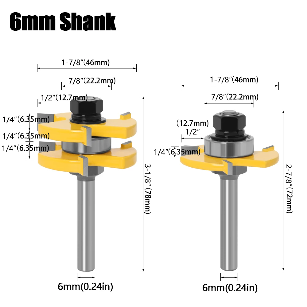 2pc 6/8/12mm 1/4in 1/2in Shank high quality Tongue & Groove Joint Assembly Router Bit Set 3/4