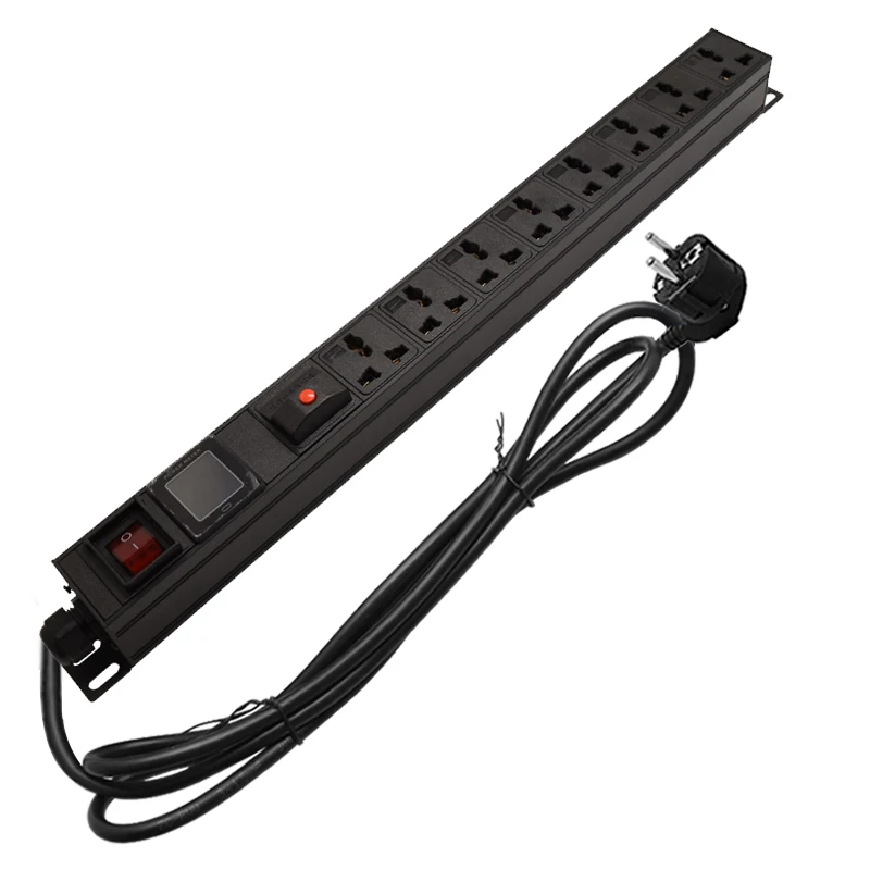 

New Aluminum Case 16A AC 8 jacks 1U Universal PDU output IEC Power Cord Socket illuminated ON OFF Switch Ammeter With 2M wire