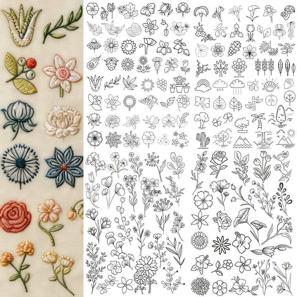 4 Sheets Water-Soluble Embroidery Stabilizer, Washable Pre-Printed Patterns, Stick & Stitch Embroidery Paper Wash Away