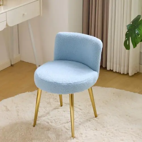 Cute Curved Back Vanity Chair for Girls, Round Teddy Fleece Makeup Stool with Adjustable Gold Metal Legs, Small Armless