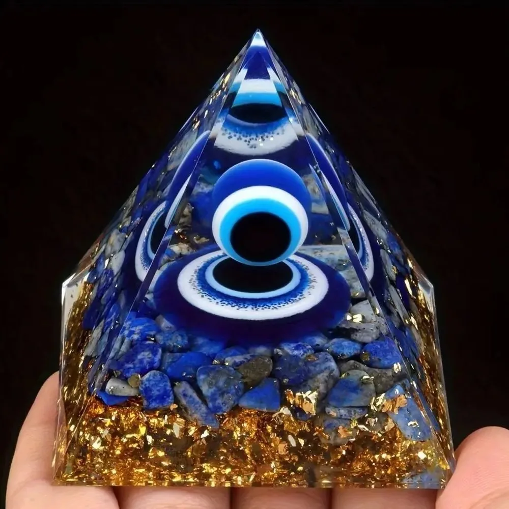 Natural Blue Lapis Lazuli Crystal Chip Evil Eye Pyramid Resin Orgone Decor Stone Ball Amulet for Home Feng Shui Healing