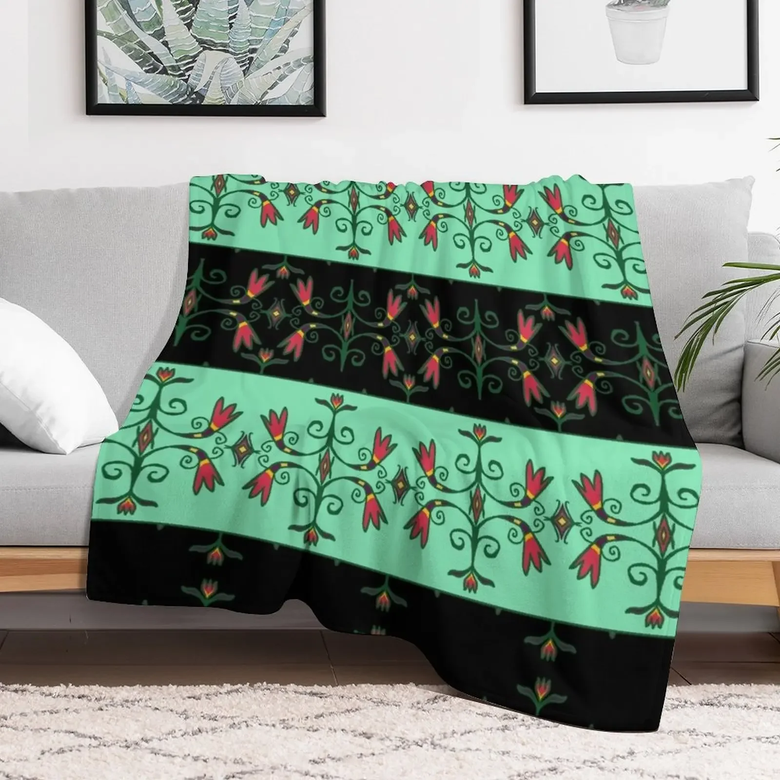 Green Anishinaabe Floral Throw Blanket Cozy Warm Blanket for Bed Room Decor