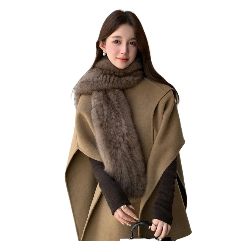 Fox hair double-sided long scarf Winter women's new woven fur scarf Thickened warm real fluffy scarf