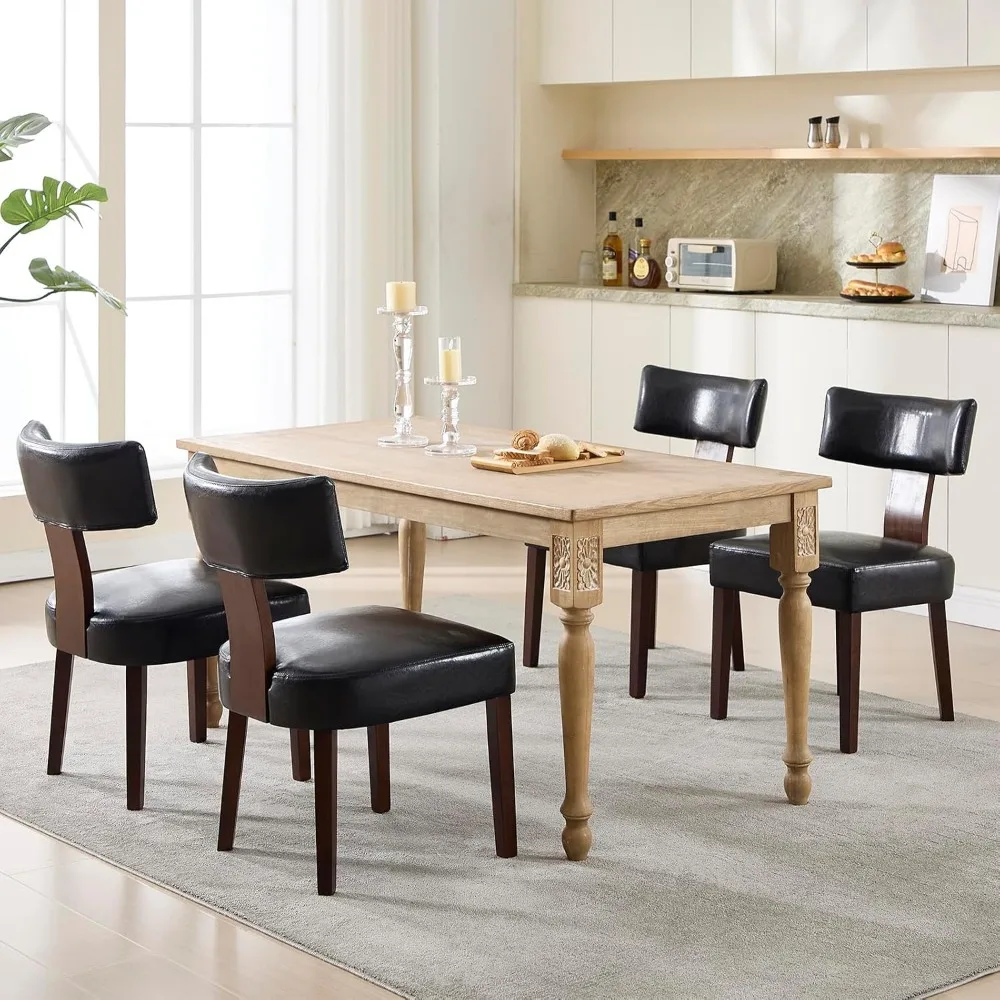 

Black Kitchen Chairs Set of 4, Upholstered Dining Chairs with Curved Back, Walnut Frame, Modern Faux Leather Dining Room Chair