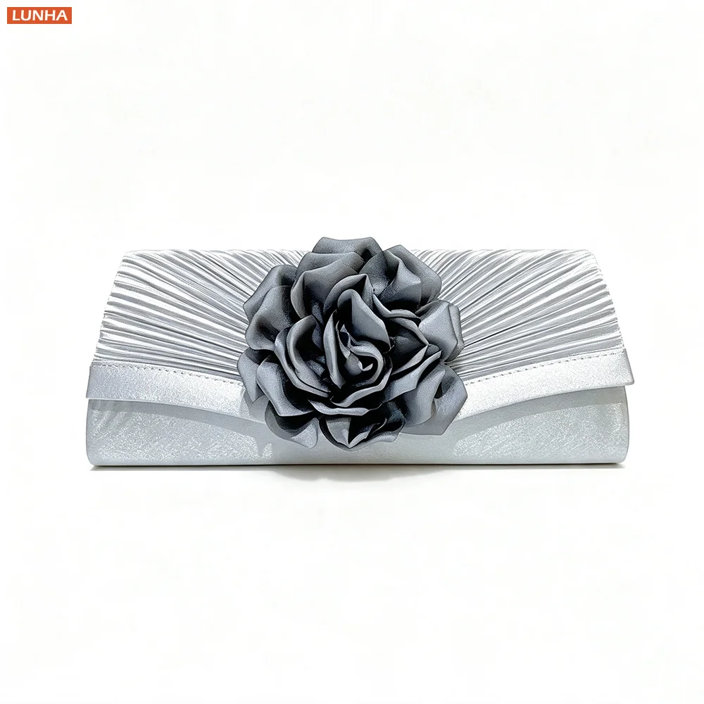 Satin Pleated Evening Clutch Romantic 3D Flower Handbag with Chain Strap Elegant Formal Party Purse for Women