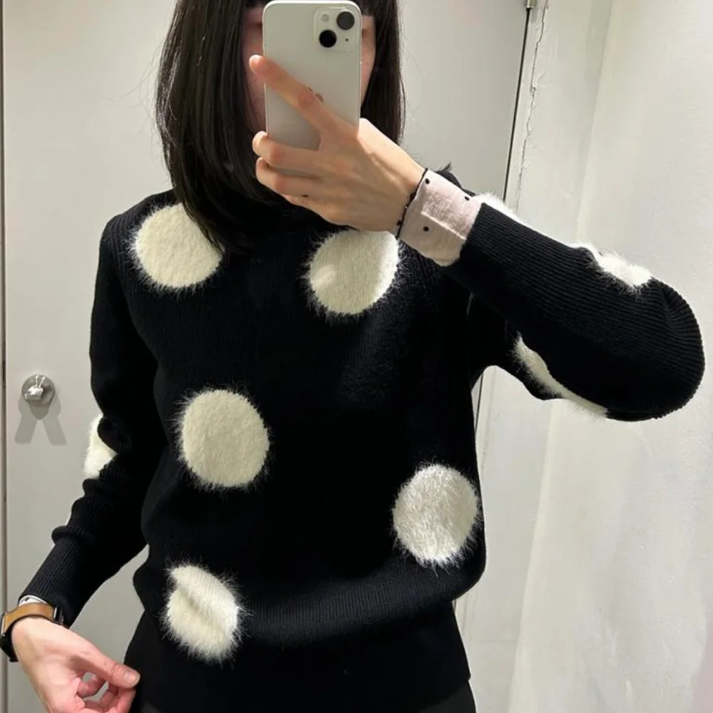 White Dot Wool Blend Polka Dot Knitted Black Sweater Pullovers Designer Brand Fashion Casual O-Neck Jumper 2024 Spring New