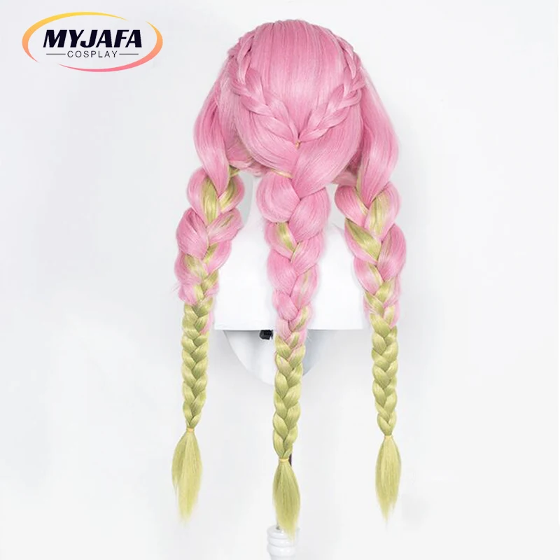 

High Quality Mitsuri Kanroji Cosplay Wig Long Pink Green Braided Heat Resistant Hair Halloween Party Anime Cosplay Wigs + WigCap