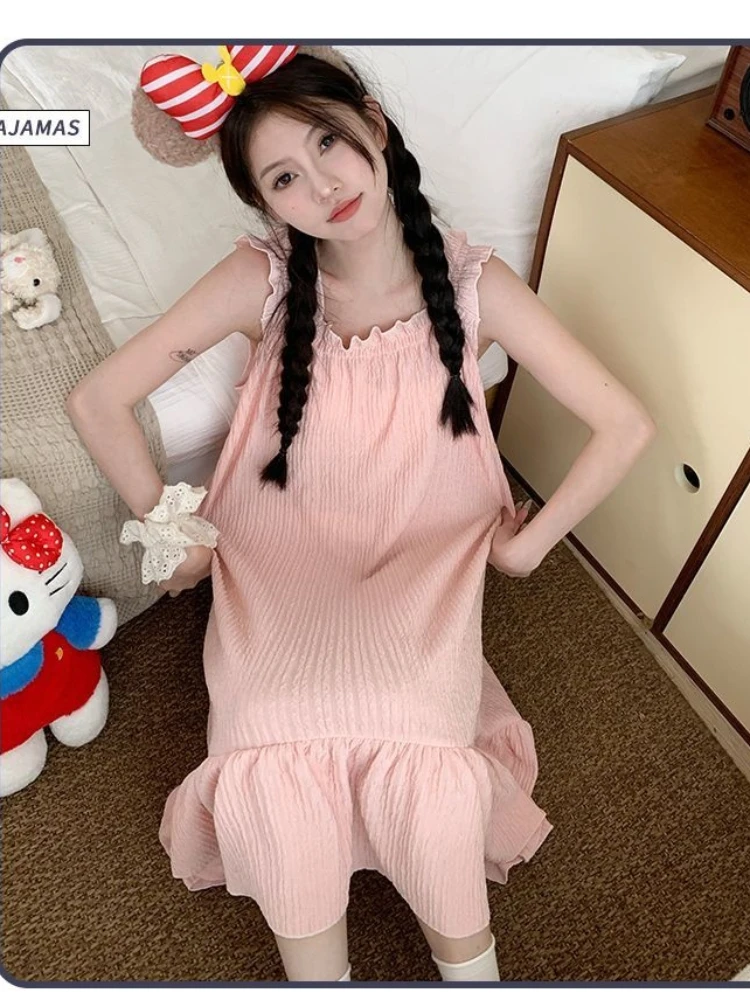 المرأة الحلو كشكش السباغيتي حزام ثوب النوم مطوي الملمس فضفاض سوينغ ماكسي فستان النوم لطيف ملابس غير رسمية الربيع الصيف