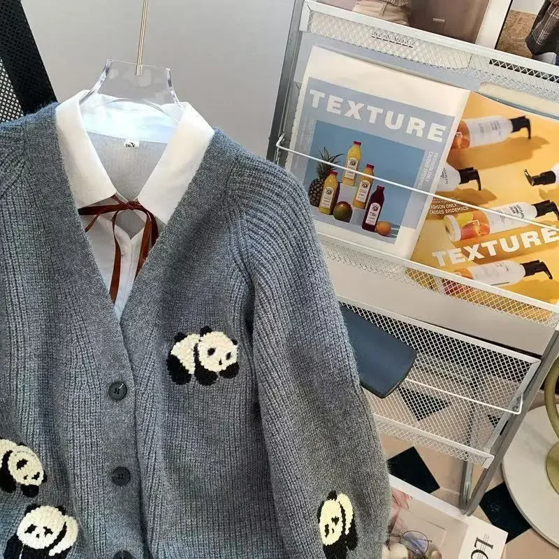 Panda Stickerei Adrette Strickjacke Mantel Frauen Kleidung Sueter Mujer Mode Koreanische Y2k Pullover Jacke Tops Herbst