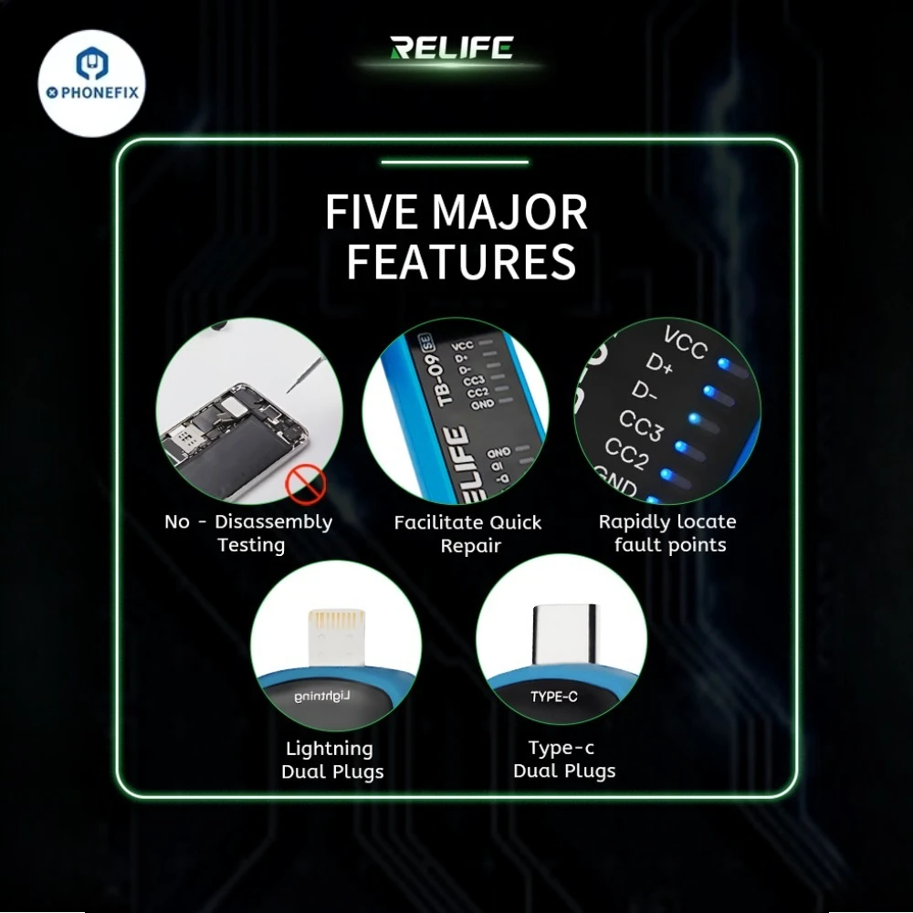 RELIFE TB-09 SE Charging Port Tester Rapid Testing Fault Detection Lightning/Type-c Dual Plugs for Mobile Motherboard PCB Repair