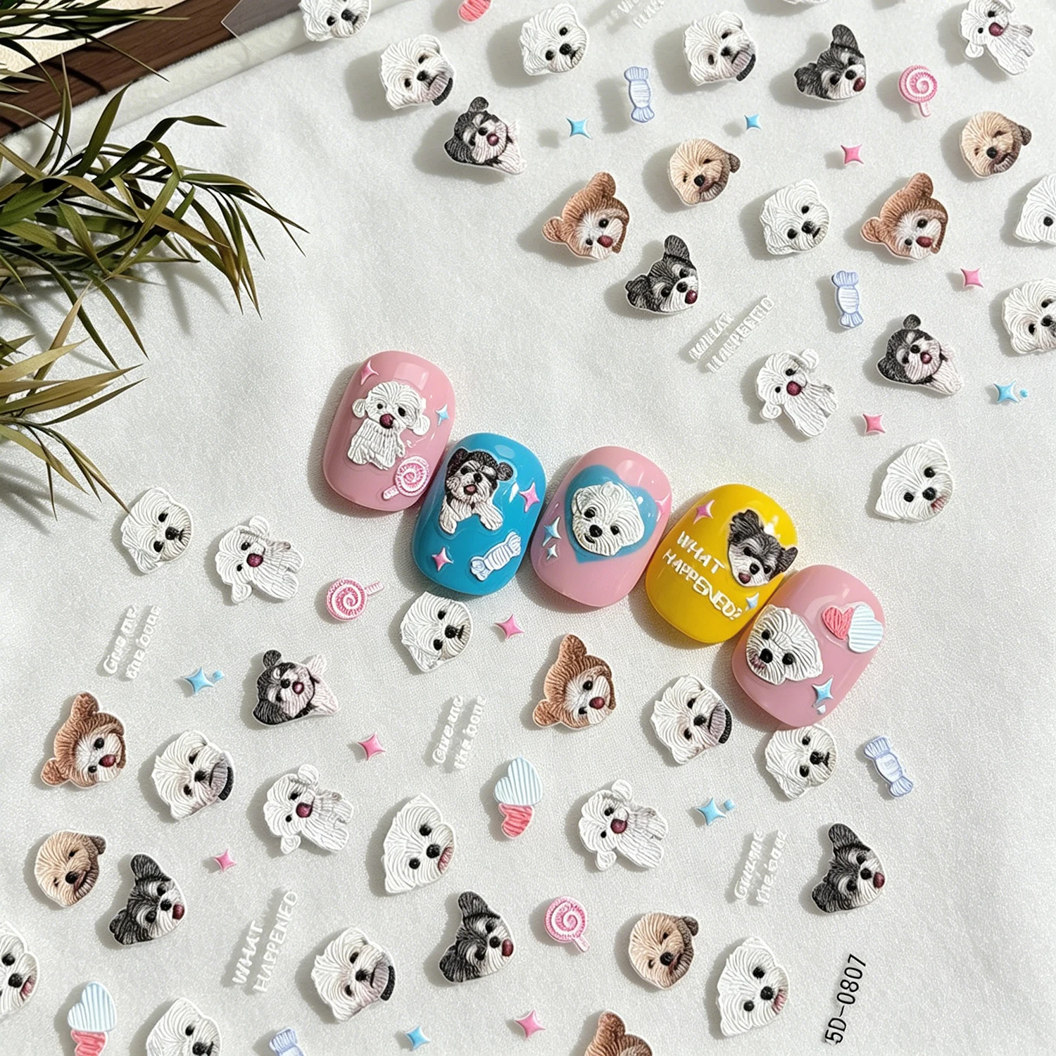 5D Kawaii Puppy Schnauzer Bichon Frise Nail Sticker Lollipop Heart Little Dog Self-adhesive Nail Decals Pet Lovers Manicure Deco 5