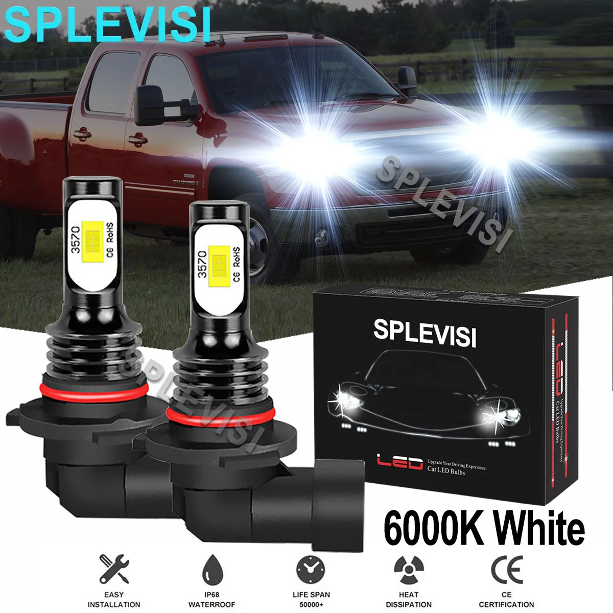 

2x70W White Car LED Headlight High Beam Bulbs 6000K Fit For GMC Sierra 2500 3500 HD 2007-2014 GMC C1500 2500 3500 1997 1998-2002