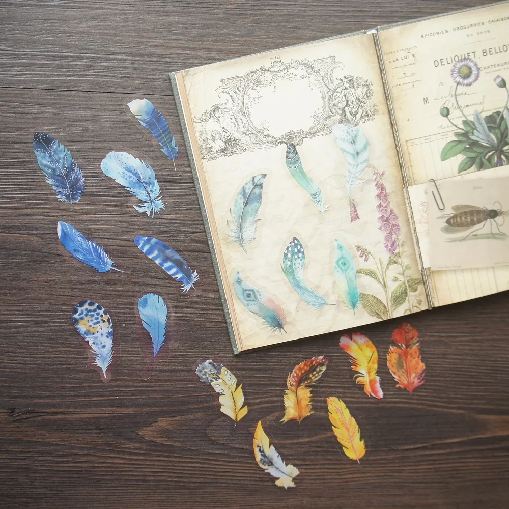 

38pcs Magic Pattern Feather Flying Blue Gary Gree Red Color Style PVC Sticker Scrapbooking DIY Gift Packing Label Decoration Tag
