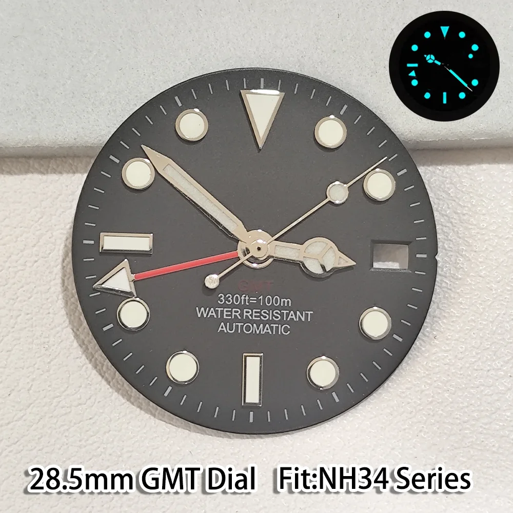 GMT 28.5MM Dial And Pointer Suitable for NH 34 Movement C3 Luminous Blue Green Watche Accessories Meteorite Texture Dials Parts