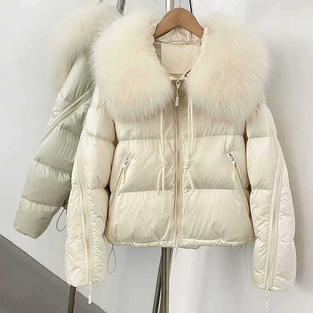 Natural lontra gola de pele puffer jaqueta feminina engrossado pato branco para baixo jaqueta elegante quente fechamento com zíper casaco de manga longa