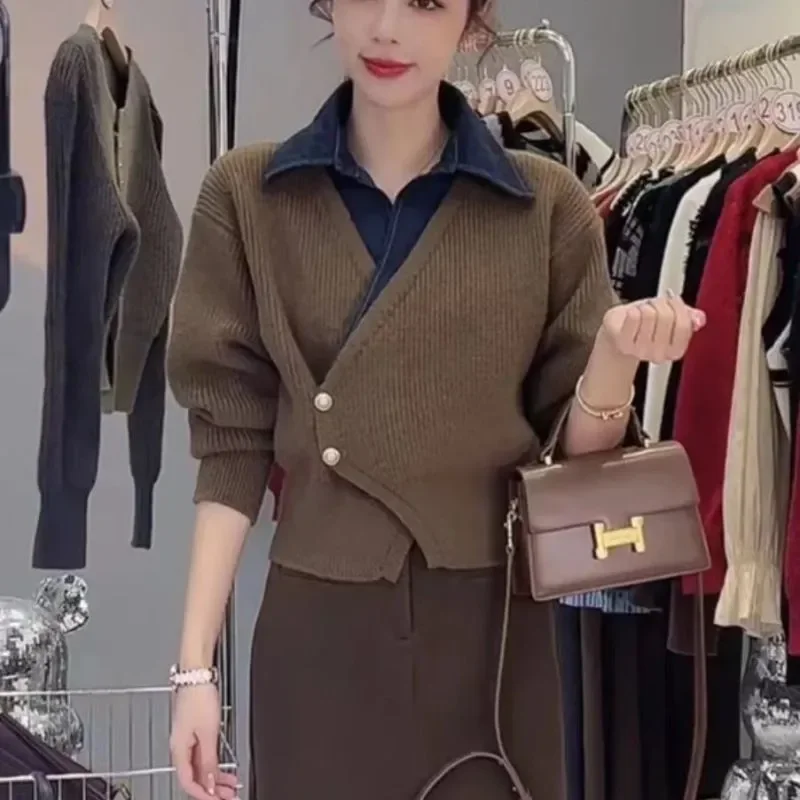 New Denim Splicing Fake Two Piece Knitted Sweater Lapel Fashion Loose Slimming Irregular Knitted Cardigan