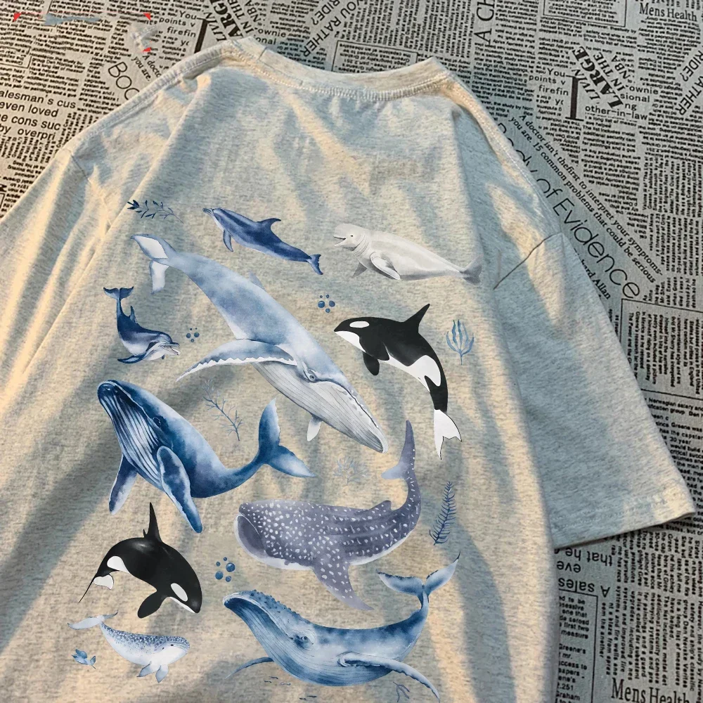 Fashion Women\'S T-Shirts Ocean And Whales Printing Tops O-Neck Soft Short Sleeve Summer Casual Female Clothes