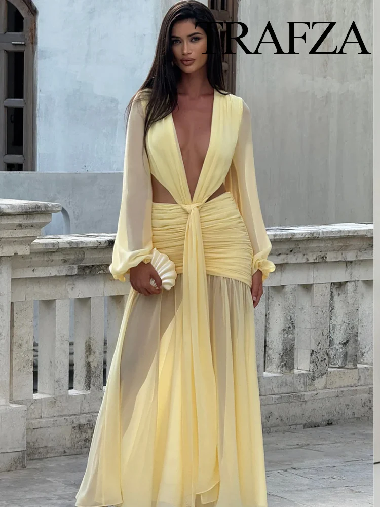 

HH Women's Summer Vocation V-neck Hot Sexy Chiffon Midi Long Sleeves Dress Female Chic Hollow Lace Up Pleated Long Dress
