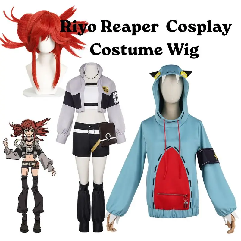

Riyo Reaper Women Cosplay Costume Halloween party Roleplay Grey Suit Red Wig Green Hoodie