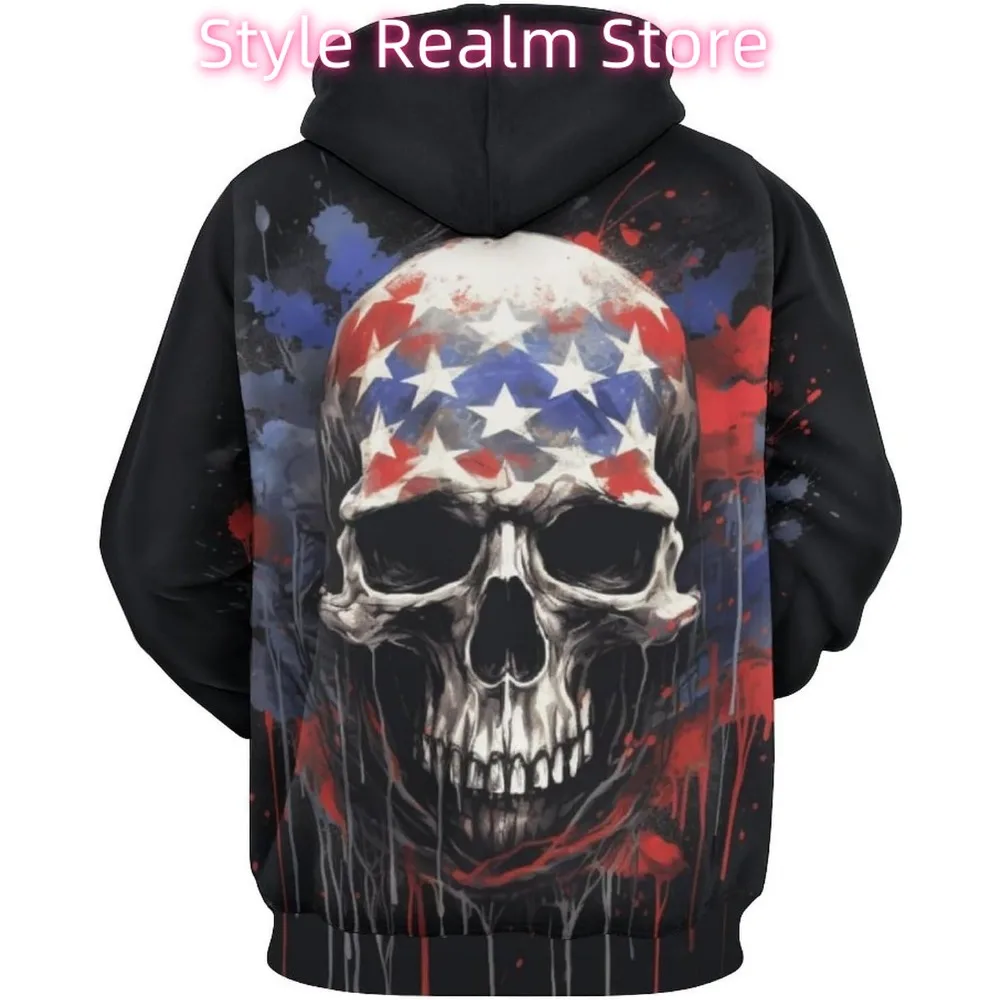 سويت شيرت بقلنسوة للرجال بعلم أمريكي أمريكي مطبوع عليه هيبي مضحك على شكل جمجمة