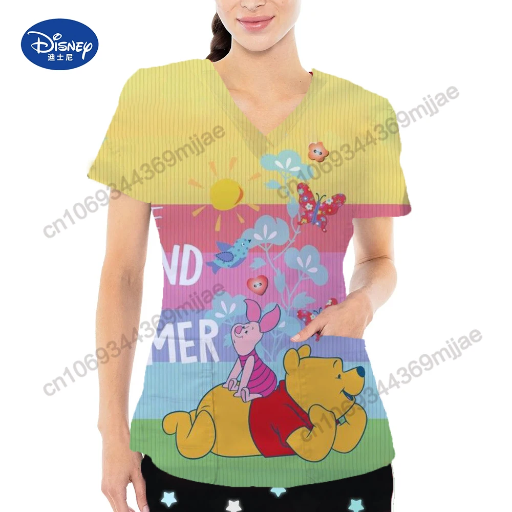 2024 Summer Women T-shirt Fashion V-neck Design Disney Cartoon Print Pattern Casual Comfortable T-shirt Double Pocket Women Top