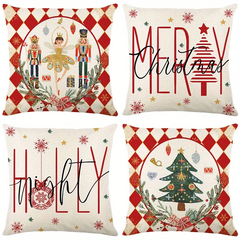 Home Decor Merry Christmas & Holly Nutcracker Pattern Pillows Pattern Cushion Cover Suitable for Sofa Bedroom Car Pillow Cover