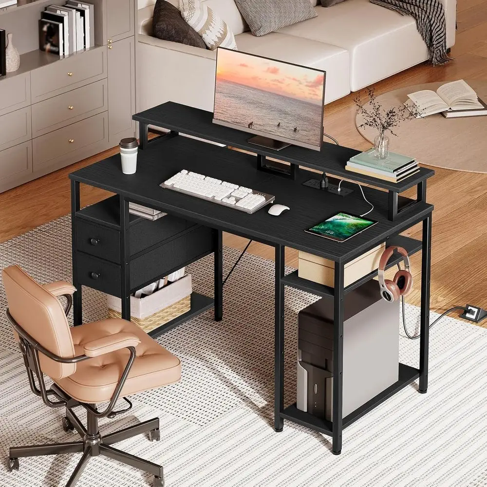 LED-lit 47 Gaming Desk with Power Outlets, Monitor Stand, Drawers & Storage for Home Office, Study, and Work, Black