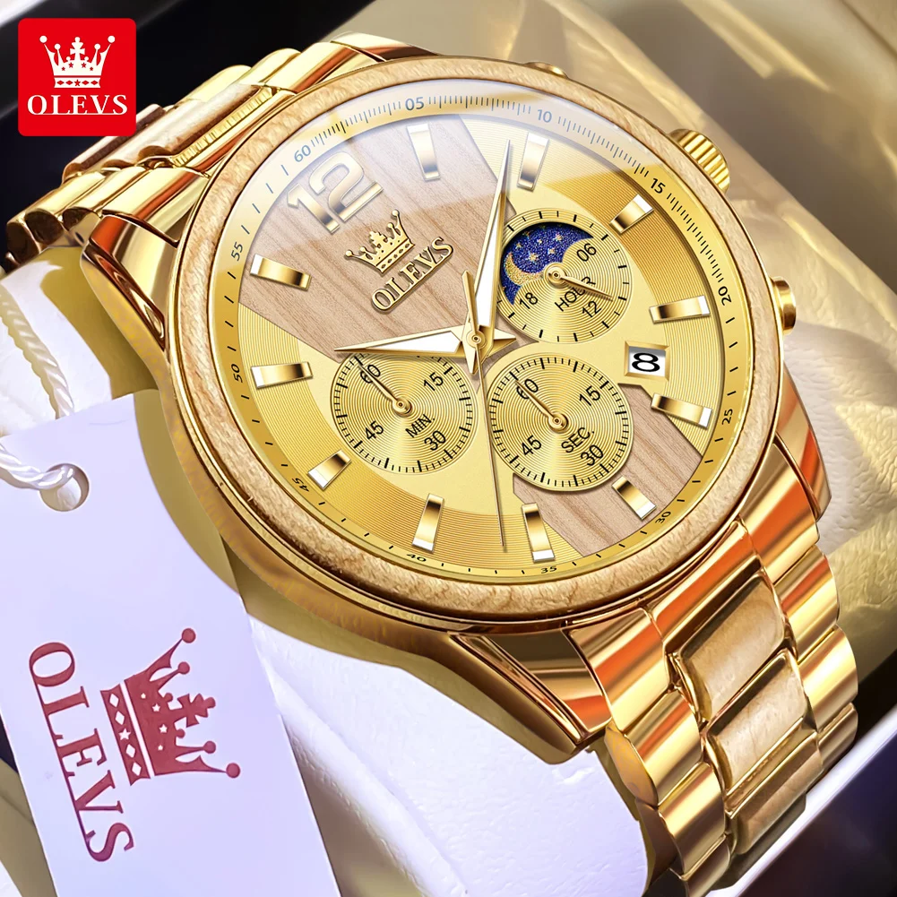 

OLEVS 3645 Men Watch Original Unique Steel Wood Clock Multi functional Moonphase Timing Watch Luxury Brand Sports Quartz Watch