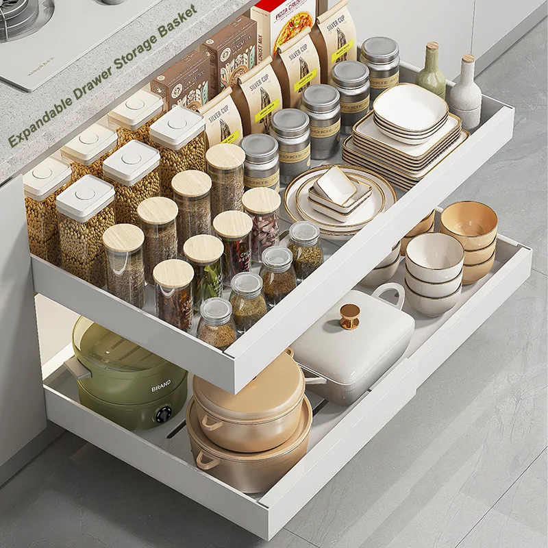 

Kitchen Scalable Pull-out Storage Rack Dish Seasoning Bottle Tableware Drinks Rack with Slide Rails Drawer Cabinets Organizer