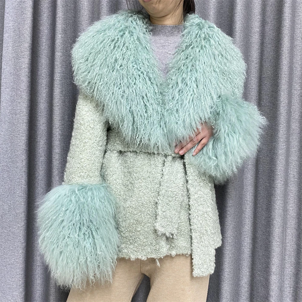 Jxwatcher Women Winter Coat with Real Mongolian Sheep Fur Ladies Fashion Warm Jacket 2024 Fall Elegant Mid-length Coat with Belt